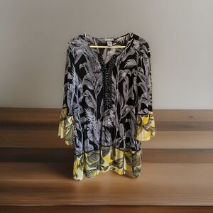 Catherine's Stretch Linear Leaf Pattern Beaded V-neck Blouse Size 1X Black